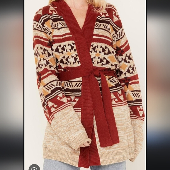 Wrangler Retro Cardigan With Hood Belt Size Large Oatmeal Aztec Print Western - Picture 3 of 13